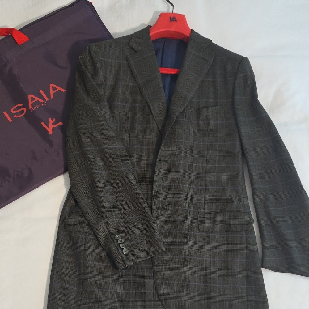 Isaia Men's Olive Plaid Jacket, Base S, IT52, US42